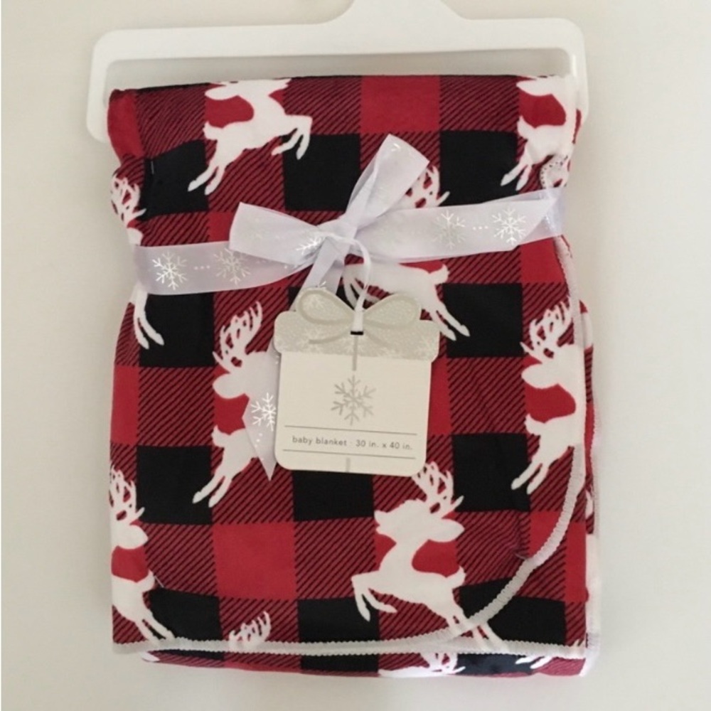 NEW Baby Blanket Reversible Red and Black Plaid White Reindeer Theme Sherpa Back